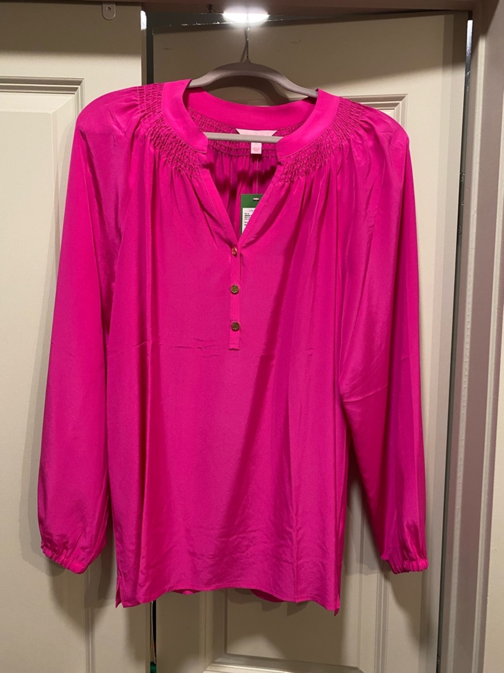 NWT Lilly Pulitzer Elsa Silk Top Pink Size XL Long Sleeve Popover Blouse